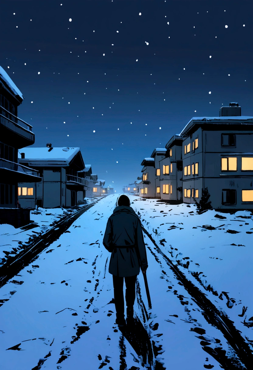 Person walking on a snowy road at night on the horizon with some old Soviet apartments 