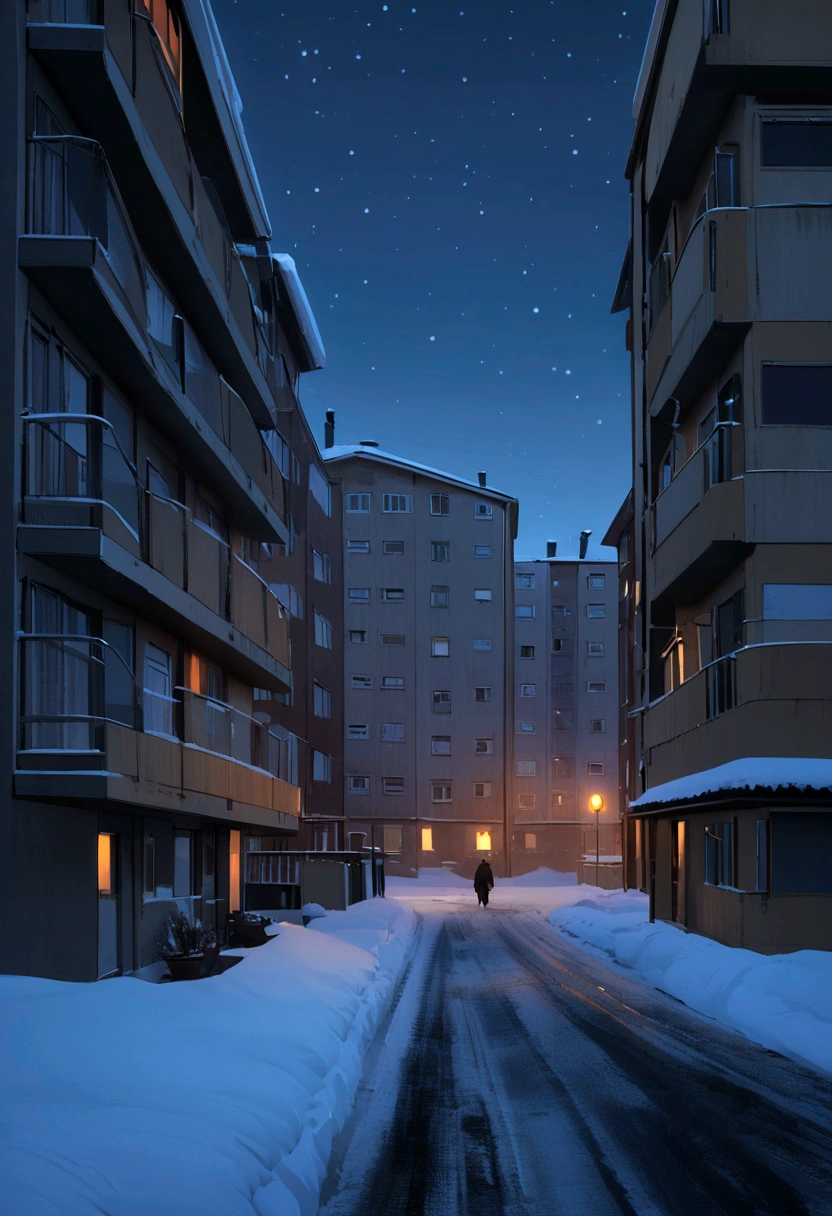 Person walking on a snowy road at night on the horizon with some old Soviet apartments