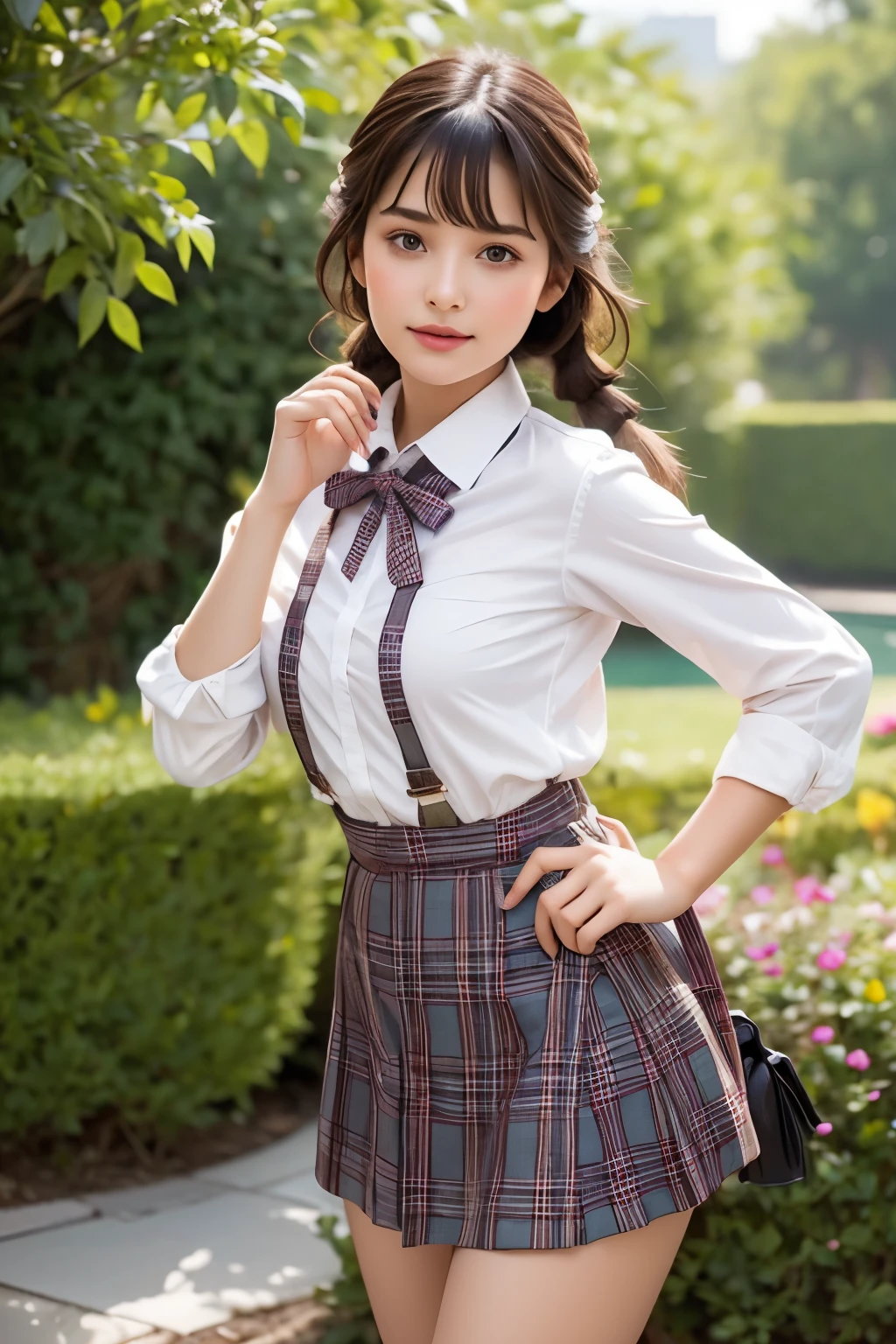 A breathtakingly beautiful and very young girl, exuding an air of innocence and charm. She is dressed in a collared shirt, adorned with checkered stripes, and a short skirt, part of a stunning  ensemble. Her bangs gracefully frame her face, while twin braids cascade down her back, adding a touch of whimsy to her overall appearance. The girl's intricate and delicate linework, as well as her fine details, are a testament to the insane amount of attention given to every aspect of her illustration. Her iridescent brown hair is vividly colored and meticulously crafted, with whimsical patterns and enchanting scenes intertwined throughout.