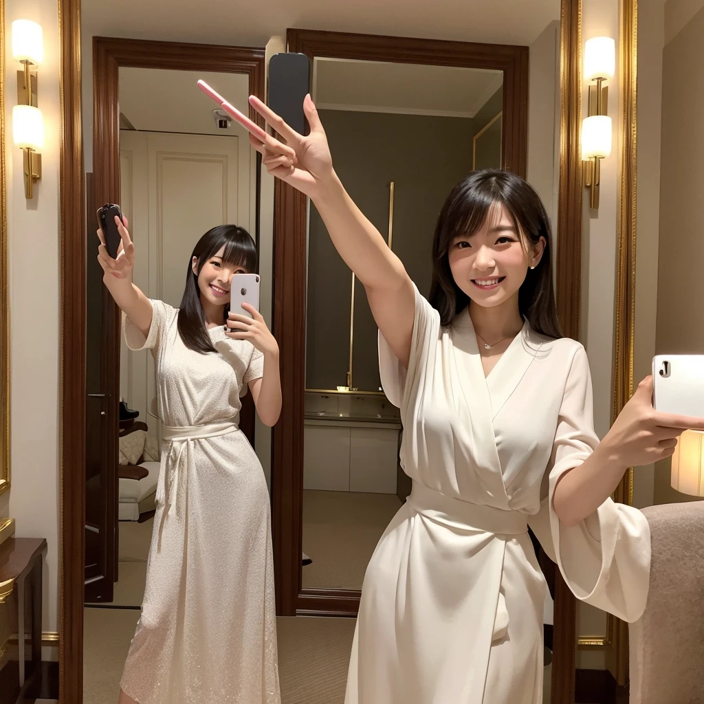 Best Quality, 1 beautiful Japanese woman, standing in front of a full-length mirror taking a (selfie:1.5), making a playful pose with one foot raised and a cheeky grin, at a luxury europe hotel