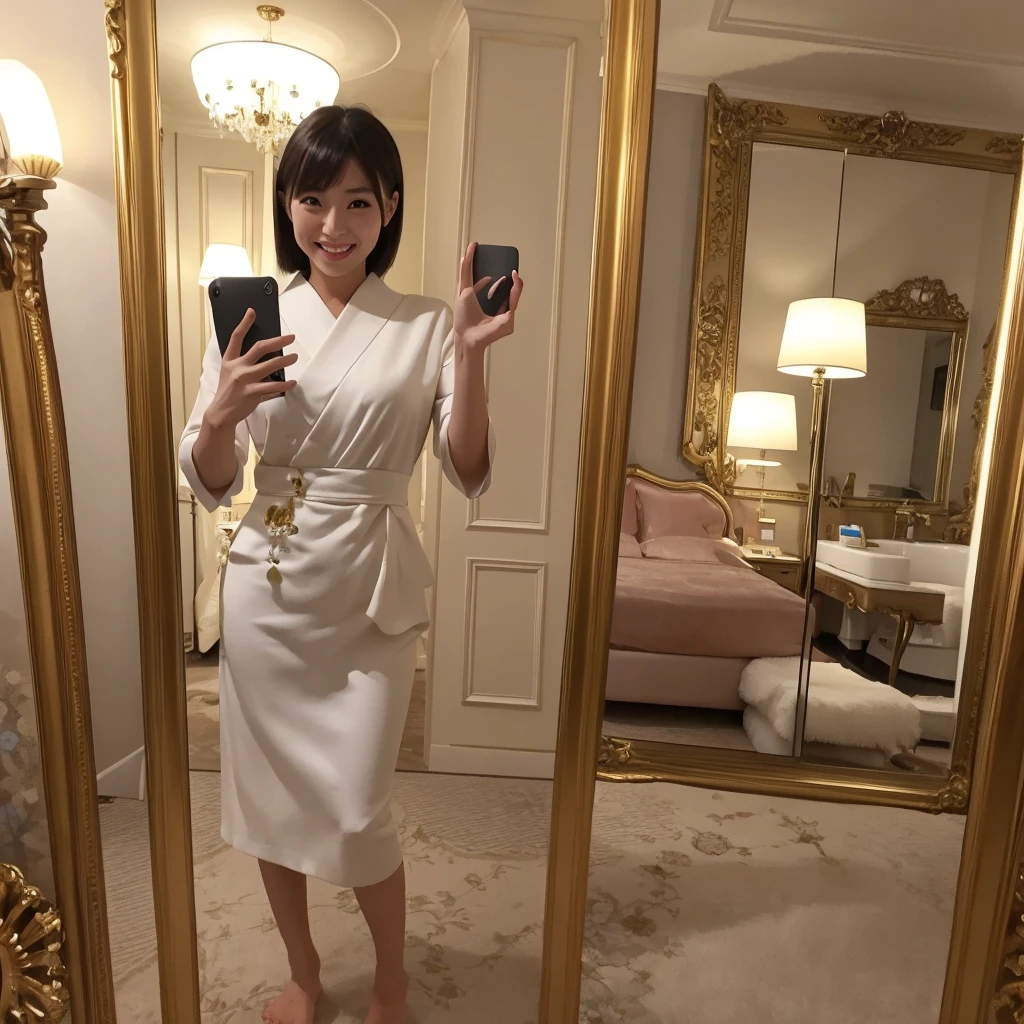 Best Quality, 1 beautiful Japanese woman, standing in front of a full-length mirror taking a (selfie:1.5), making a playful pose with one foot raised and a cheeky grin, at a luxury europe hotel