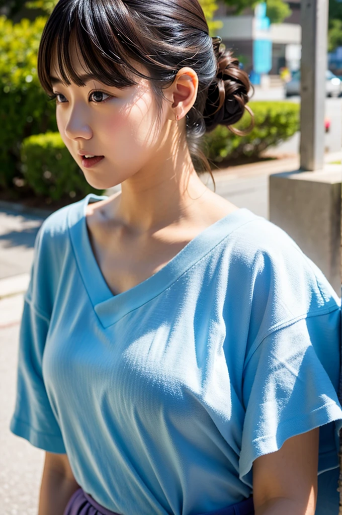 ​masterpiece, top-quality、Raw foto, Photorealsitic、16 years old、Walk while having a pleasant conversation、sideshot、a closeup、bathtowel、Open your mouth and laugh、、Japan High School Girl、Idol、Smaller chest、unbelievable Ridiculous、hight resolution, ultra-detailliert, foco nítido, Cinematic lighting,