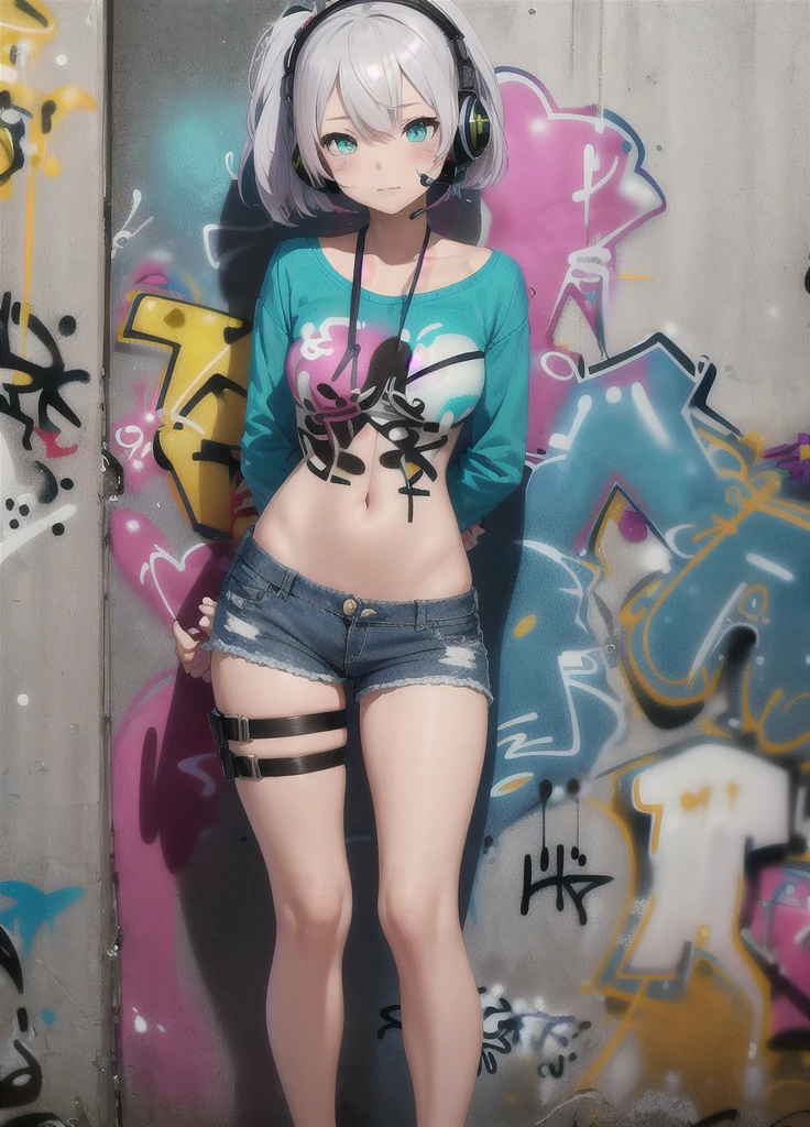 ​masterpiece, best quality, 1 girl, alone, Short top, Jeans-Shorts, neck ribbon, (Graffiti:1.5), paint splatters, Arms behind the back, against the wall, Viewers look at, 手链, thigh strap, Color on the body, Head tilt, bored, multi-colored hair, aqua eyes, Headset,