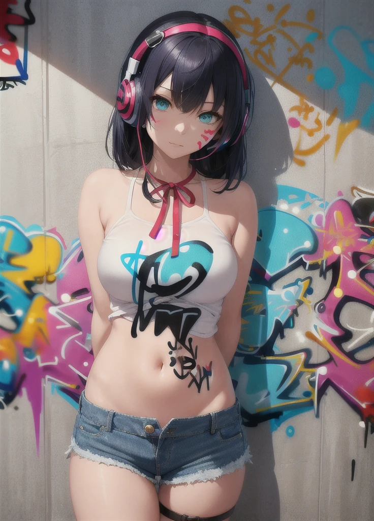 ​masterpiece, best quality, 1 girl, alone, Short top, Jeans-Shorts, neck ribbon, (Graffiti:1.5), paint splatters, Arms behind the back, against the wall, Viewers look at, 手链, thigh strap, Color on the body, Head tilt, bored, multi-colored hair, aqua eyes, Headset,