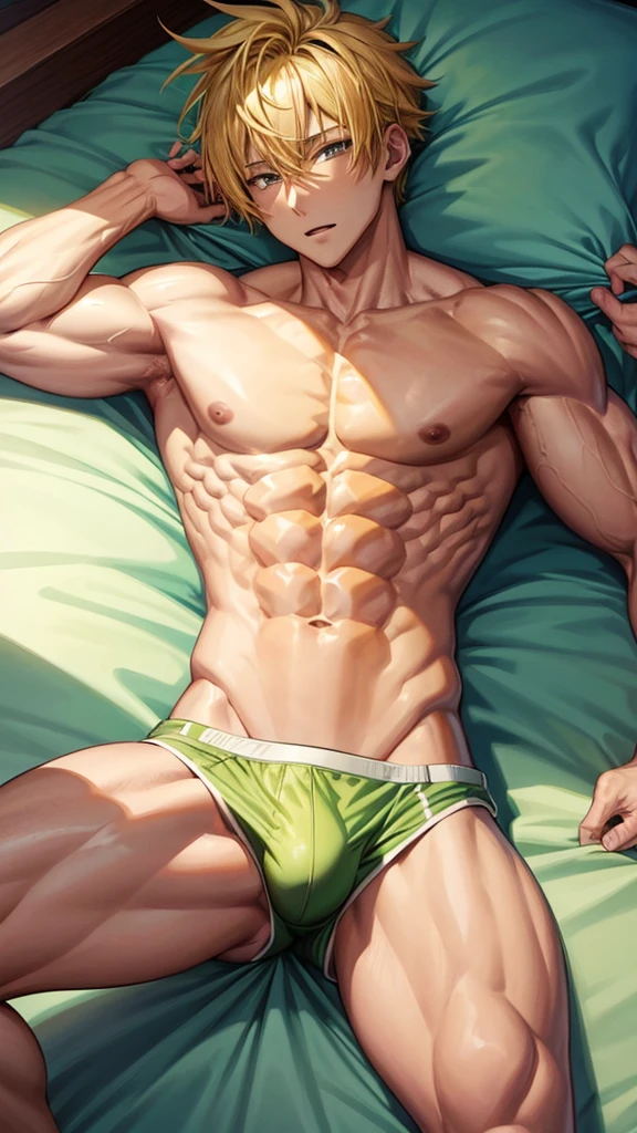 Anime guy shirtless muscular with yellow hair
Lying in the bed
6 pack abs