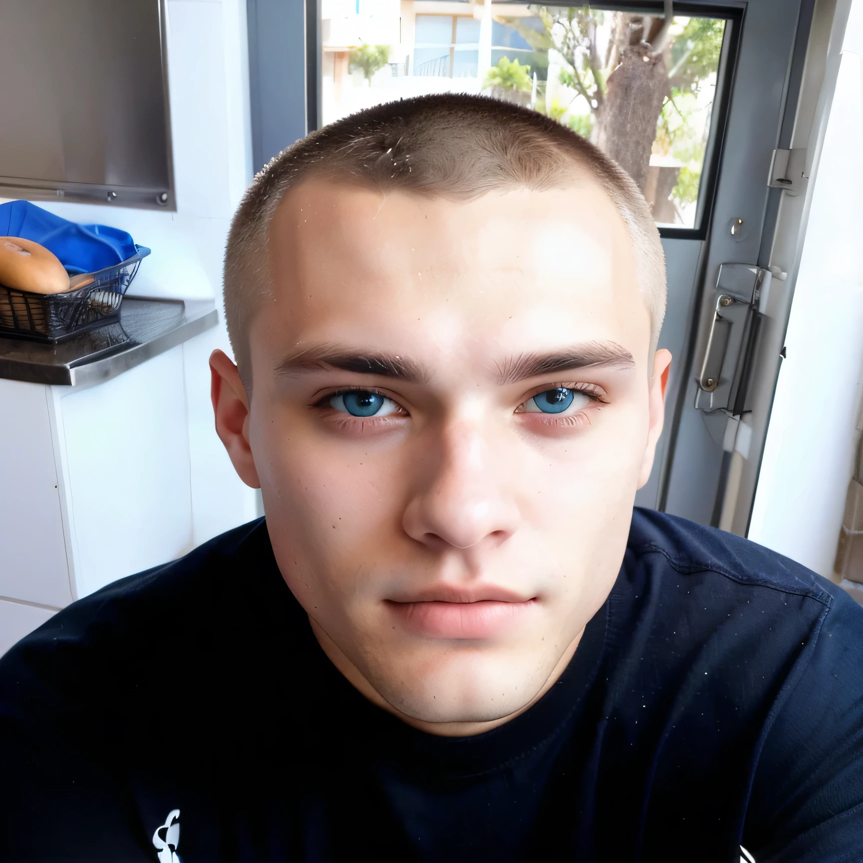 there is a man that is sitting down with a doughnut in his hand, blue symmetrical eyes 24 years old, caio santos, clean clean-shaven face, wide shaved and clean face, frontal image, blue eyes and large forehead, Buzz Cut, about 19 years old, Buzz Cut hair, clean-shaven face, inspired by Antônio Parreiras