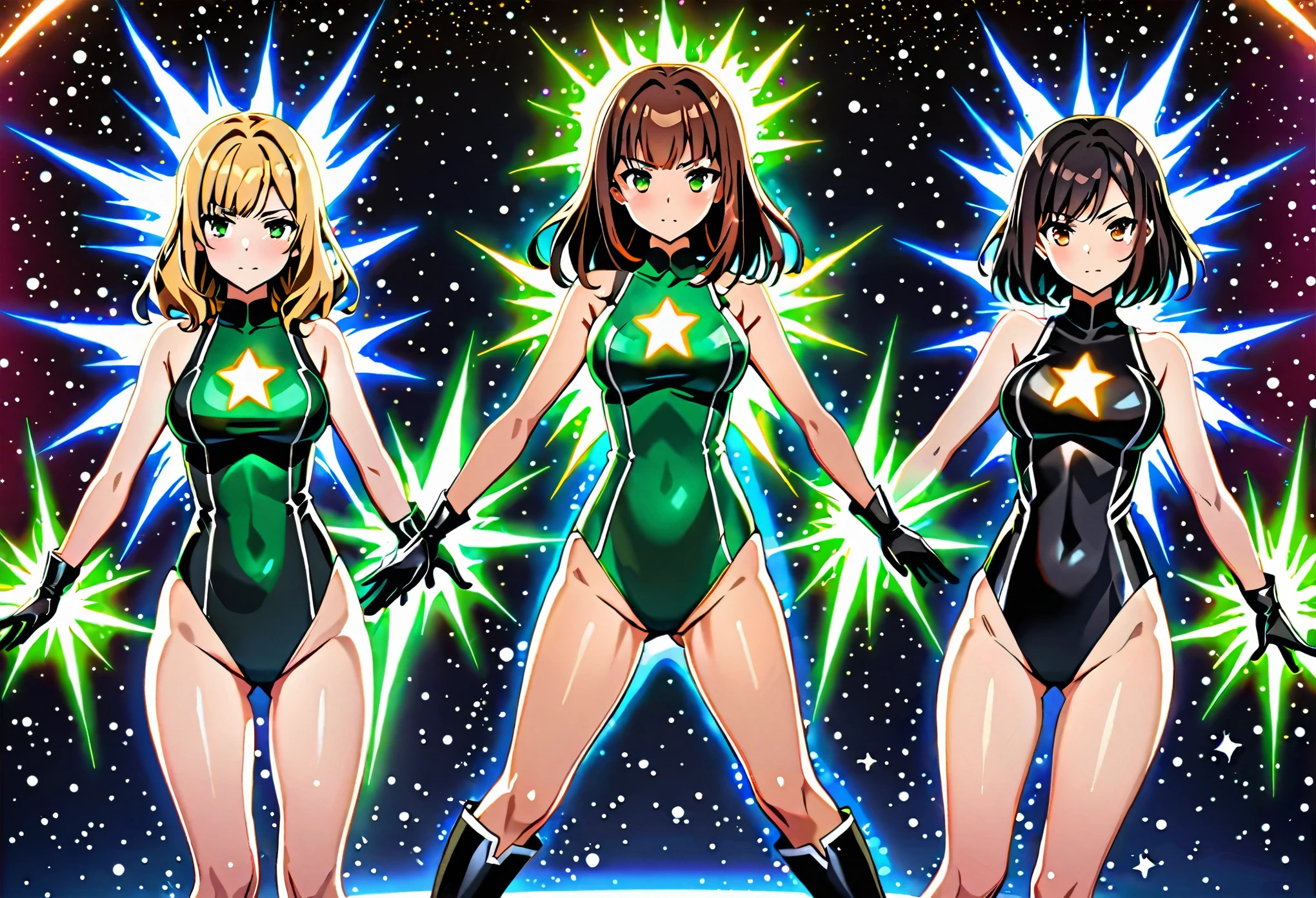 Create an image of three girls in sleeveless leotards, bare legs, and matching gloves and boots. The first girl on the left is a (blonde with long hair, bangs), and green eyes, wearing a (black leotard) with a (moon (symbol) on her chest). The second girl in the middle and front is a redhead with bob hair and blue eyes, wearing a (green leotard) with a (sun (symbol on her chest). The third girl on the right and behind the second girl is a (black-haired brunette with medium hair, bangs), and hazel eyes, wearing a (black leotard) with a (star (symbol) on her chest). All three girls are standing with legs apart and raised arms, each surrounded by a glowing aura. outer space backdrop, cowboy shot, serious. masterpiece, best quality, hires. diffraction spikes, light particles.