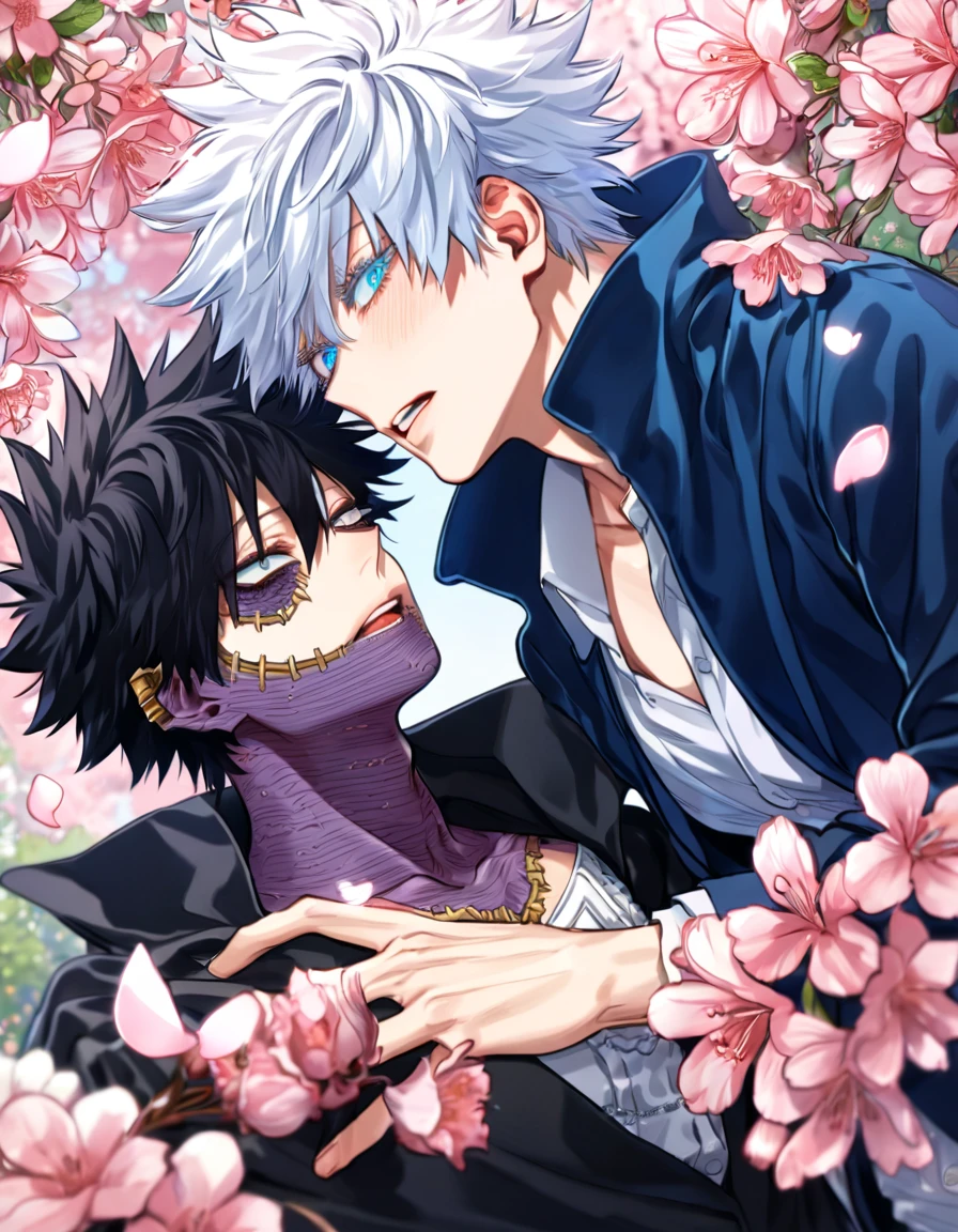 absurdres, highres, ultra detailed, HDR, master piece, best quality, extremely detailed face, delicated features, Dabi, black hair, expressive turquoise eyes, Boku No Hero Academia, Gojou Satoru, white hair, expressive blue eyes, white eyelashes, two sexy men together, yaoi, gay couple, handsome, blue jacket with fur, black coat, fantasy, magical, blossoms, pink flowers, pink butterflies, garden