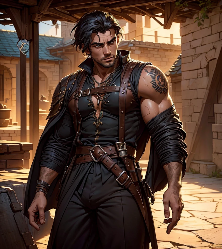 (((Solo character image.))) (((Generate a single character image.)))Create an alluring and sexy male character for a fantasy setting.  This is a medieval fantasy setting. (((Solo character image.))) (((Generate a single character image.)))Design a male bard for Dungeons & Dragons.  He is attractive, suave, handsome and sure of himself.  He is well-dressed, traveling the streets of a medieval port town, looking for gold and adventure.  His sense of fashion reflects a gothic aesthetic.  He appears morose, forlorn and dour.  He is attractive, yet pale, wearing dark colors.  He has shoulder length black hair.  best quality:1.0,hyperealistic:1.0,photorealistic:1.0,madly detailed CG unity 8k wallpaper:1.0,masterpiece:1.3,madly detailed photo:1.2, hyper-realistic lifelike texture:1.4, picture-perfect:1.0,8k, HQ,best quality:1.0