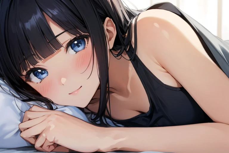 masterpiece、Highest quality、1 female、Very detailed　Black Hair、Blunt bangs　blue eyes、Detailed depiction of the eyes　smile、blush　Tank top　Face is close、Face close-up、Bring your face closer　Sheetに寝転がる、Lie down　Sheet