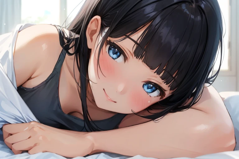 masterpiece、Highest quality、1 female、Very detailed Black Hair、Blunt bangs blue eyes、Detailed depiction of the eyes smile、blush Tank top Face is close、Face close-up、Bring your face closer Sheetに寝転がる、Lie down Sheet