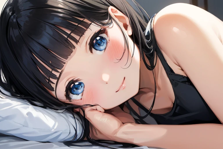 masterpiece、Highest quality、1 female、Very detailed Black Hair、Blunt bangs blue eyes、Detailed depiction of the eyes smile、blush Tank top Face is close、Face close-up、Bring your face closer Sheetに寝転がる、Lie down Sheet