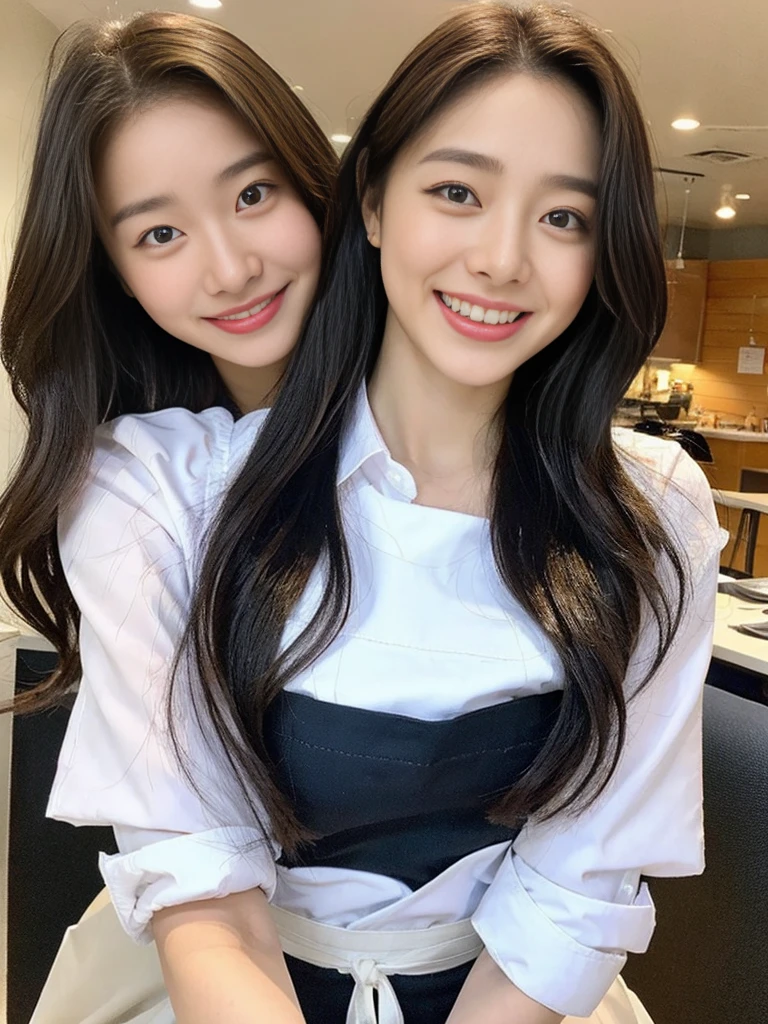 (Commemorative photo of a super cute Korean high school girl waitress:1.2)(grin,Smile)(Beautiful Sweat:1.1)(16K, RAW Photos, Highest quality, masterpiece: 1.2),(Super cute hairstyle for black hair) Super detailed, Super Resolution, (Genuine, Genuine photos: 1.37), Portraiture, High-resolution RAW color photos, Professional photos, Very detailed, 8k wallpaper, Very detailed CG Unity 8k wallpaper, Very detailed beautiful girls, Very detailed faces, ((whole body)), beautiful woman, Huge breasts,(huge boobs:1.1) (Big Boobs:1.1), Beauty college student (Naked Apron:1.1),high school girl, Korean Girls,(K-POP Female Idols), (Idol-class beauty)(Beautiful high school girl:1.1)(Nice restaurant)(18-year-old)(Waitress costumes:1.1)(Group photo:1.1)(Not wearing pants:1.1)(NSFW:1.1)