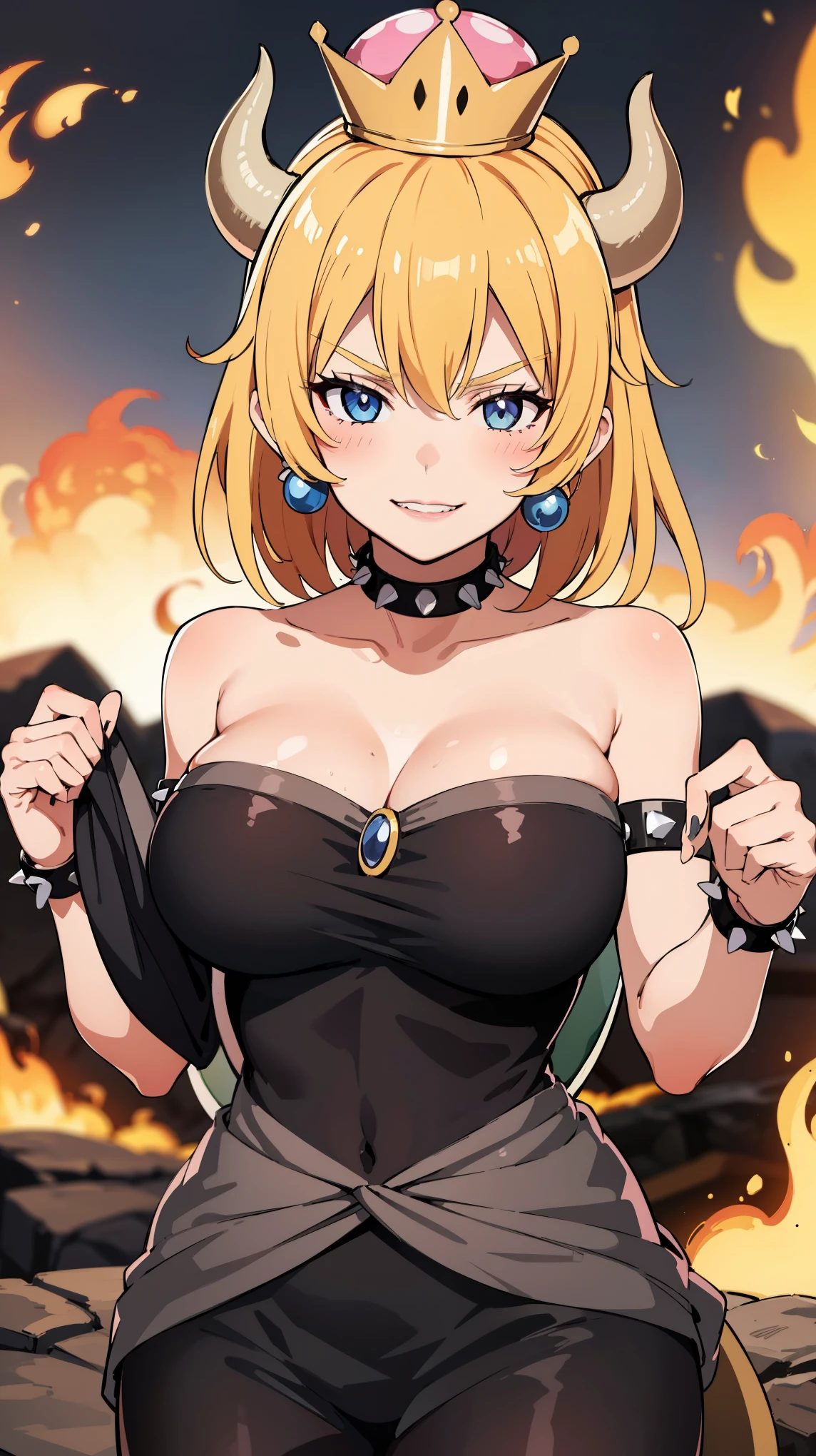 best quality, high resolution, large breasts, blonde hair, blush, Evil smile, cowboy shot, looking at viewer, bowsette, pink lip, in a volcano with lava, (((sexy shoulders))), (((shoulders Focus))),