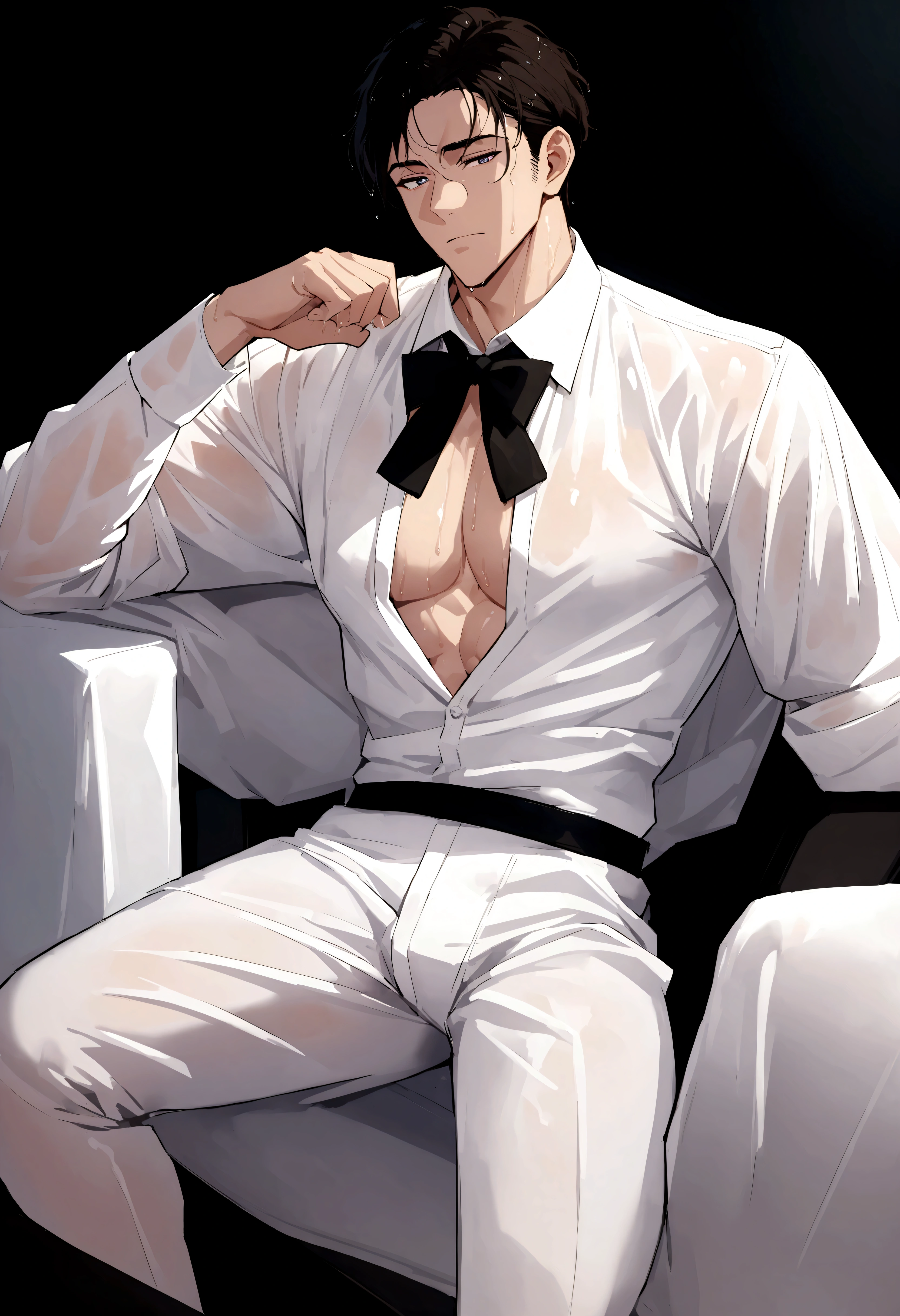 A wet man in wet white shirt and black tie sitting on a chair, big chest, anime handsome man, handsome anime pose, in wet white clothes, clothed in wet white shirt, open v chest clothes, wet white suit and black tie, highly detailed exquisite fanart