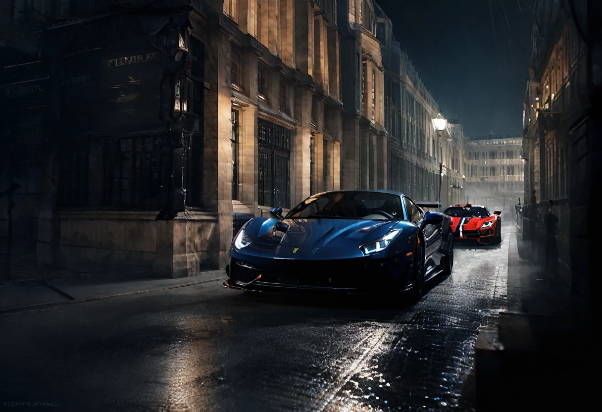 Stunning three luxury cars, a Ferrari and a Ford and Lamborghini, , both dark in color, standing side by side, headlights facing the viewer. There are starting flags in front of the cars. The glossy paint of cars reflects light, emphasizing their elegant and expensive design. The surrounding decor is rich and glamorous, dark, further enhancing the feeling of high-end competition. The atmosphere is electric and conveys the excitement and intensity of a prestigious sports car race. dark background