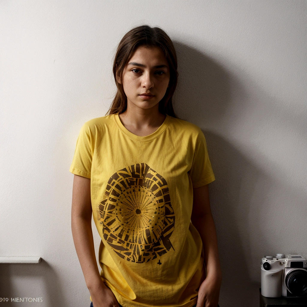 There is a woman standing in front of a wall in a yellow shirt, in t-shirt, wearing a modern yellow t-shirt, photo taken in 2 0 2 0, she is approximately 1 6 years old, indio, I had a photo, taken with sony a7r camera, expressive and terrible, frontal photo, around 19 years, taken with sony alpha 9