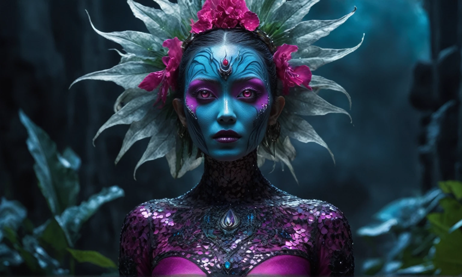 Magical plant ghost flower, ghost flower,carismatic，Incredible，terror
,extremely detailed,intricate details,eyes extremely detailed, high detailed eyes,16k resolution, realistic humid skin,extremely intricate details,Epic Realistic,face anatomically correct,Ultra HD,HDR, natural skin textures, hyper realism,realistic skin texture, hyper detailed,extremely Realism,Ultra Detailed,body logically correct,full body length shot,beggar graphite Manganite sparas, wants eat,survival in criminal city of future,Cinematic,soft colors, Technicolor,natural skin textures, hyper realism, hyper detailed,Extremely detailed,High contrast,Masterpiece,Realistic,Ultra Detailed, intricate details,realistic humid leather,extremly intricate,Epic Realistic, cinematic style,irina yermolova,high contrast,hdr,extremely detailed, [deep night landscape],masterpiece,intricate details,faded,eyes extremely detailed, high detailed eyes,16k resolution,RAW,retina, Nikon Z9,China,Songbird,orc,Li River in Guangxi Zhuang of China,tkt style, Pisces, pointed ears，perfect, ginger，transition between two art styles, Ink painting to photorealism, Double contact, X-ray, Creative, vivid light, masterpiece, fantasy, Abstract, Surrealism, super detailed, high resolution, stop:35,(((creature with a spectral and ghostly appearance)). Her skin is pale, almost translucent.wears dark, torn clothes that float around him, as if permeated by an aura of mourning. Its appearance is complemented by details such symbols of gothic elements, further emphasizing its dark air. is  haunted and tormented entity,pixar movie still,Silver-gold long hair with bangs、Aquamarine Eyes,Fuchsia sequined dress,Mestichino,Light particles,chaos

