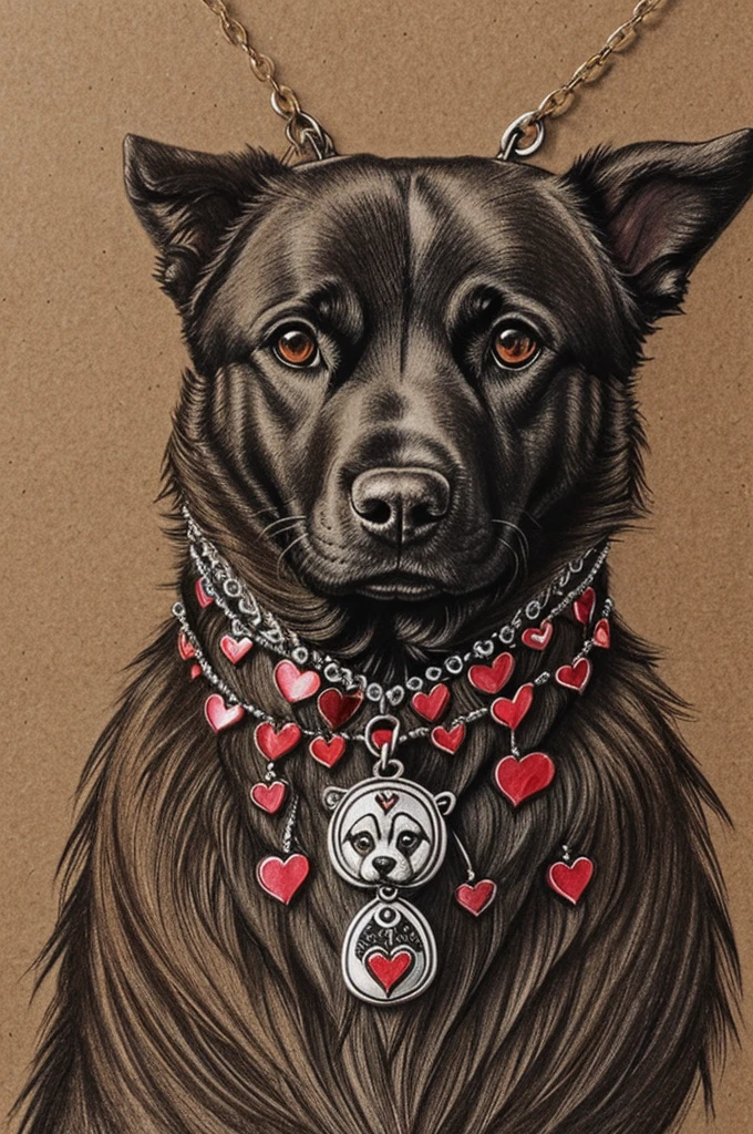 Create a drawing of an 8-headed dog with a necklace of guts and hearts