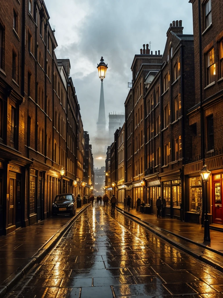 London street in the late 1800s, but with a steampunk twist. Towering clockwork buildings with smokestacks puffing out steam, gaslight lamps casting an orange glow, and airships gliding silently overhead. Cobblestones slick with rain reflect the gaslight and bustling activity.