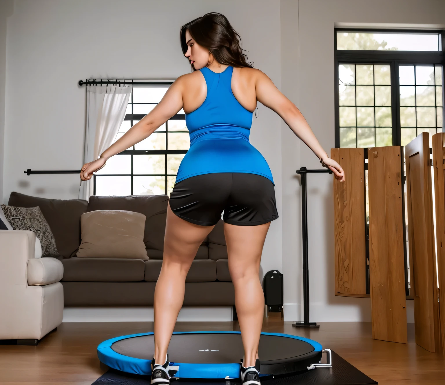 there is a woman standing on a trampoline in a living room, wearing tight and short black shorts, a blue tank top, photo from the back, bouncing, working out, shot from the back, photo from behind, inside, photo from the back, wide body photo full body, centered full body back photo, internal photo, fitness body.

Masterpiece, best quality, ultra-detail, contrast, close-up, cinematic light, side lighting, ultra-high resolution, best shadow, RAW.

She is a beautiful woman, with white skin and dark brown hair. She is around 40 years old, 165 cm tall and weighs 56 kg. She has a perfect mouth, a perfect face. Her body exudes glamor and her face is a definition of beauty. Slender body, thin waist. Highly realistic, hyperrealism, very elaborate skin, perfect face. Sharp Photo, High Resolution, High Quality, Masterpiece, 16K Photo, High Contrast, Masterpiece, NUDE, NUDITY, NFSW