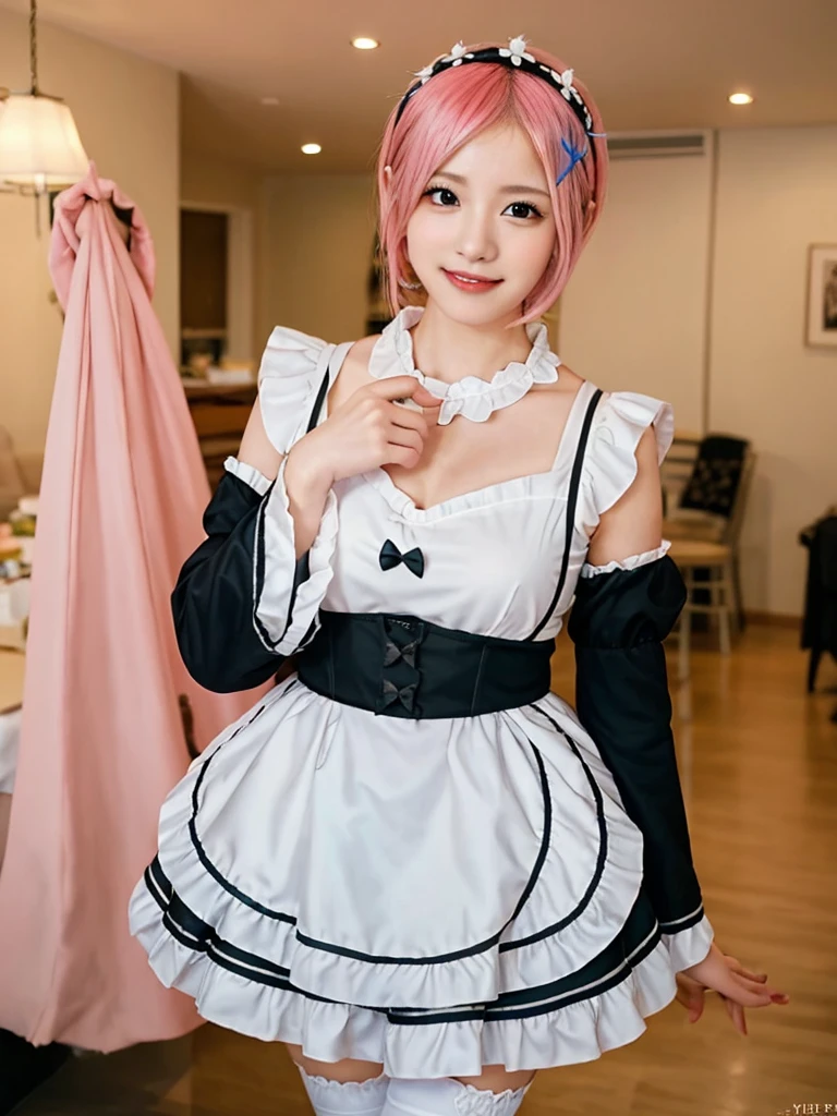 Accurate depiction with high resolution,(8K, Photorealistic, Raw photo, of the highest quality: 1.3), (1girl in), Super beautiful, (Realistic face), (boyish, pink Color Berry Shorthair), Beautiful , Glare that captivates the viewer, Beautiful expression, Beautiful breasts, (Realistic skin), Be...Create a detailed and colorful image of Ram and Rem from Re:Zero, standing back-to-back in their maid outfits, with a magical fantasy background、14years old, two girls,cute, perfect face, beautiful, nice body, gothic lolita clothes, gothic lolita fashion, frilly skirt, headdress, necklace, bracelet, knee-high socks, boots, double eyelids, tear bags, Detailed down to the fingers, photo-like description, indoors, dim indoor lighting, one girl is pink hair and short bob, another girl is light blue hair and short bob,standing,whole body, composition that shows the whole body, smiling,The Both of them are wearing the same type of maid outfit,Optimal ratio of 4 fingers and 1 thumb,walking