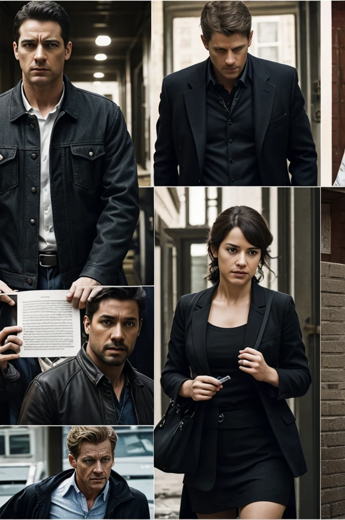 A creative collage, where the 3 essential moments of the crime novel are captured, 
1
A)central mobile of the work(rapes murders kidnapping among others)
b) main character C) secondary characters 