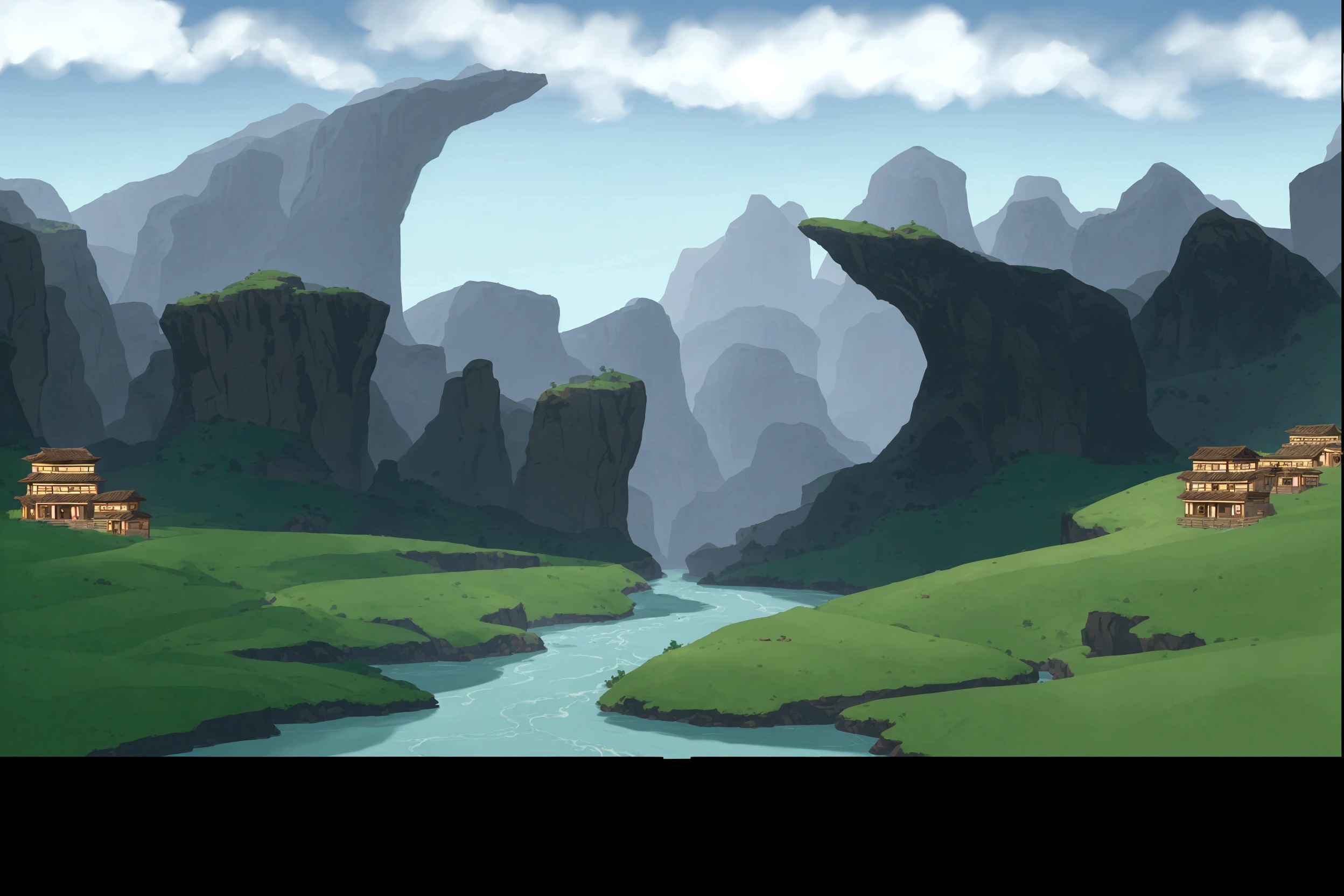 cartoon scene of a river running through a valley with mountains in the background, background art, background artwork, canyon background, random background scene, scenic background, landscape background, 2 d game art background, epic background, rocky environment, an epic landscape, distant village background, 2d game background, some mountains in the background, scenic environment, mountainous background, game background