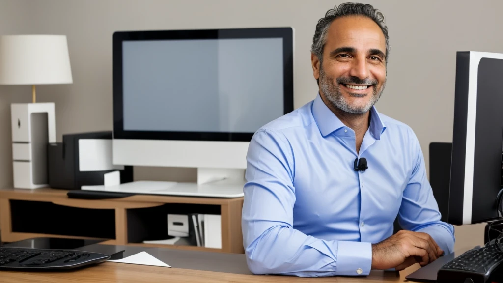 Create Claudio, a 47-year-old man, unshaven, good-looking, wearing formal clothes, he is a manager of a technology company, he is smiling in front of his computer
