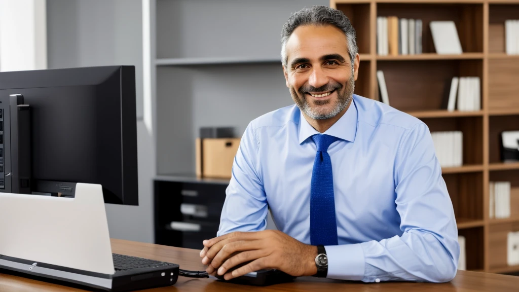 Create Claudio, a 47-year-old man, unshaven, good-looking, wearing formal clothes, he is a manager of a technology company, he is smiling in front of his computer
