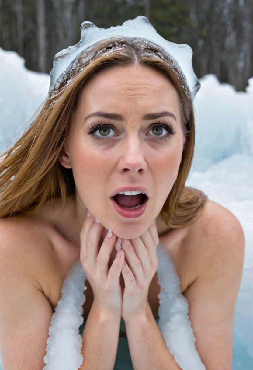 (beautiful shouting nude Irish woman), (eyes open), (terrified expression), (((frightened expression))), (((startled expression))), (((crying))), (((encased in ice)))
