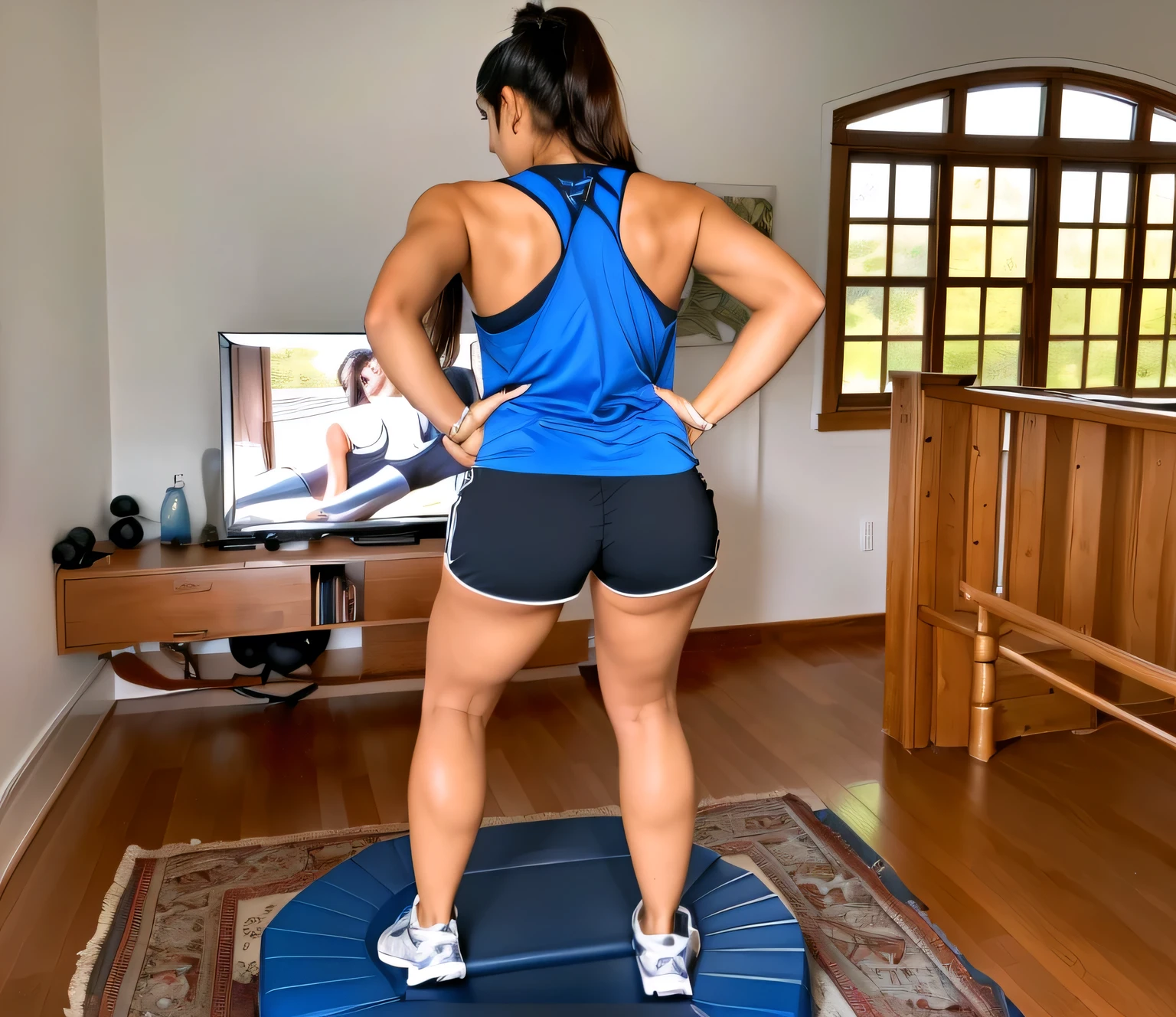 there is a woman standing on a trampol in a living room, back - shot, bouncing, fernanda suarez, caroline gariba, working out, backshot, rear-shot, indoor, back shot, full body wide shot, centered full body rear-shot, indoor shot, cottagecore!! fitness body, medium shot taken from behind