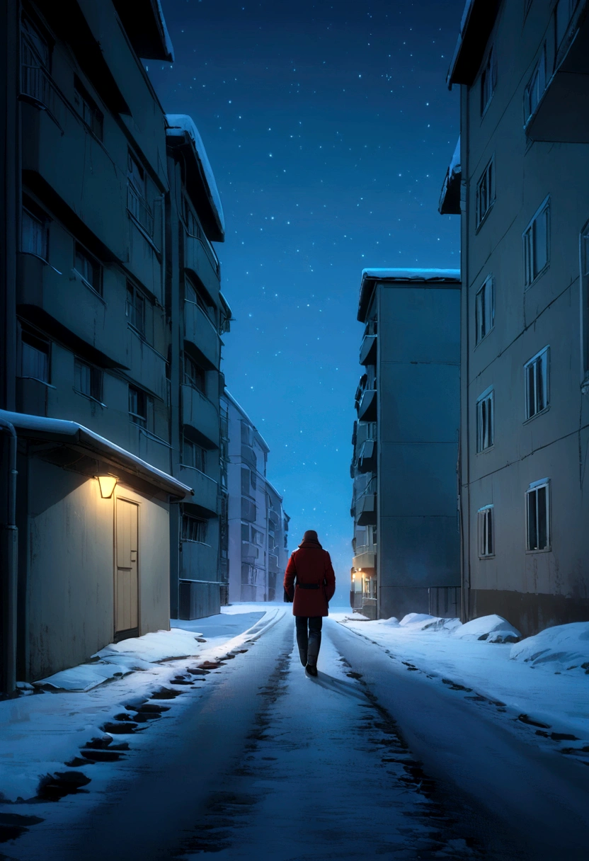 Person walking on a snowy road at night on the horizon with some old old Soviet apartments 