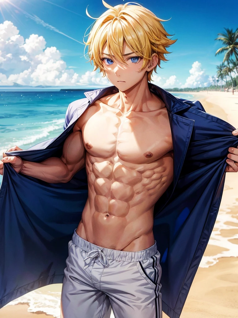 Anime guy about , shirtless, with blue eyes and yellow hair, muscular, 6 pack abs, with white shorts, on the beach  