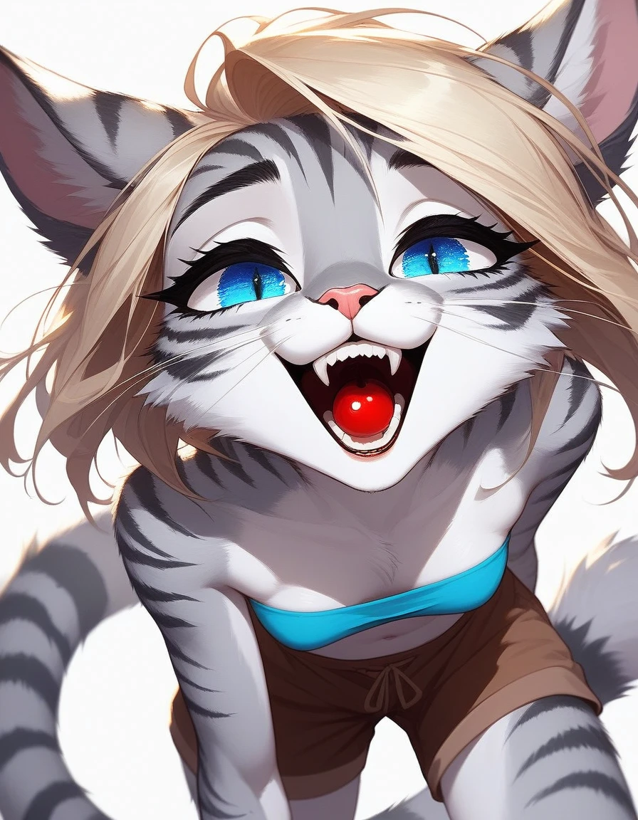 Solo, score_9,score_8_up,score_7_up, source_furry, (Kat, Anthro furry feline girl, adult female, blue eyes, blonde hair, hair in a pony tail, eyes half closed, silver fur, grey stripes, tail), wearing blue bandeau, brown shorts, standing, mouth open, feline teeth, a cherry placed between her teeth, biting on a cherry, (a cherry in her mouth):1.4, close up, seductive