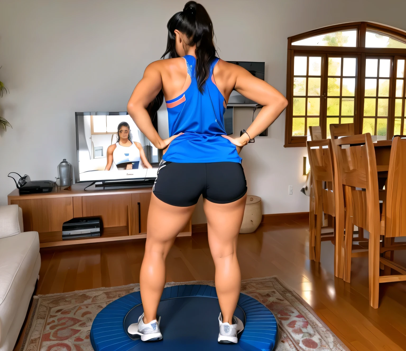 there is a woman standing on a trampol in a living room, back - shot, bouncing, fernanda suarez, caroline gariba, working out, backshot, rear-shot, indoor, back shot, full body wide shot, centered full body rear-shot, indoor shot, cottagecore!! fitness body, medium shot taken from behind