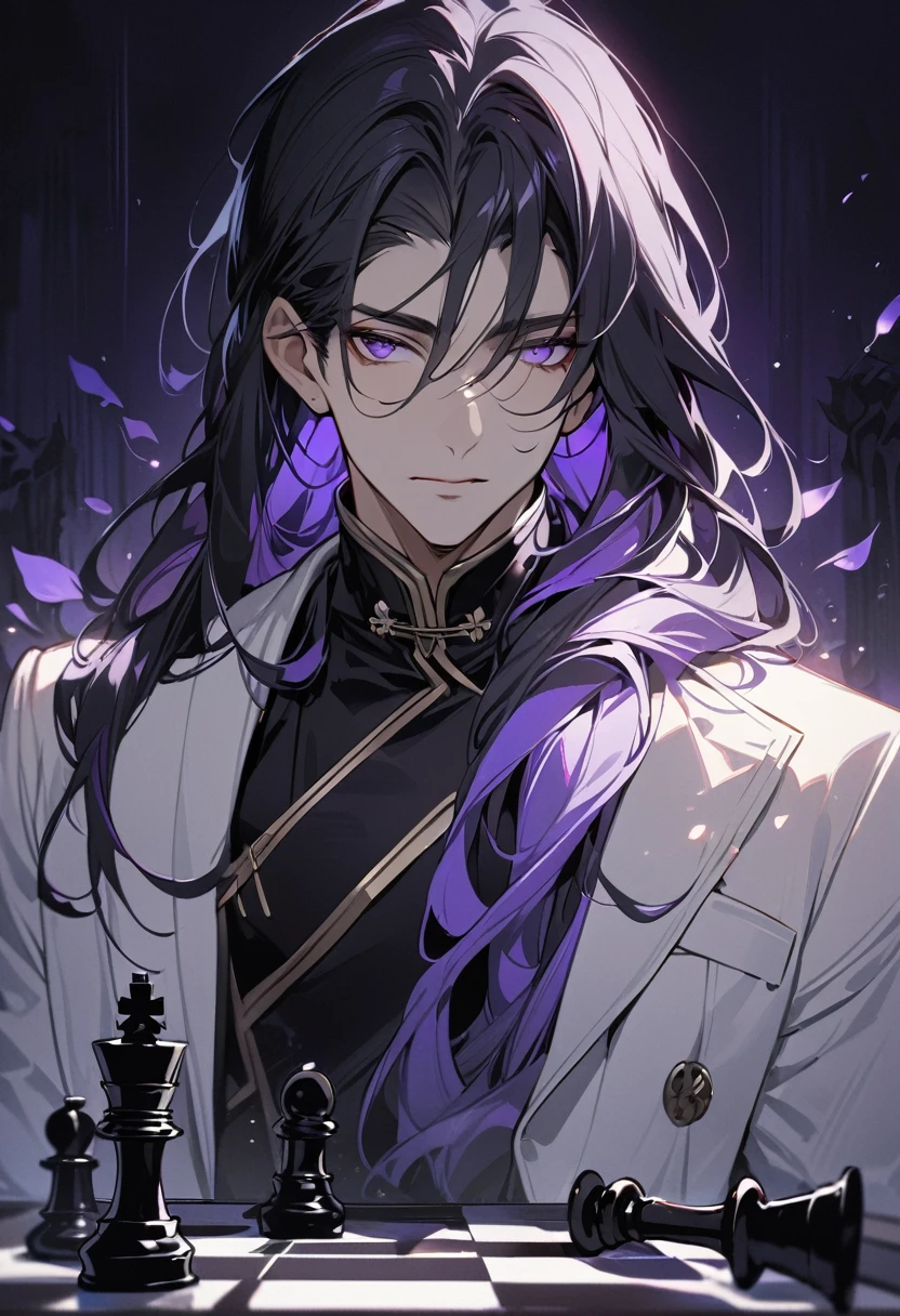 (masterpiece:1.5),best quality,(1 Handsome and calm man),alone,black hair,(long hair:1.5), (purple eyes), (cold and distant expression),perfect face,Fantasy Chinese style,Long black trench coat,Purple cloth,Complex clothing design with Chinese elements,Black leather gloves,white lining,White suit pants,Slightly muscular body,High,8K,Beautiful contrast of light and shadow,purple flower,Dark luxury background,((chess)),(complete upper body),Positive face