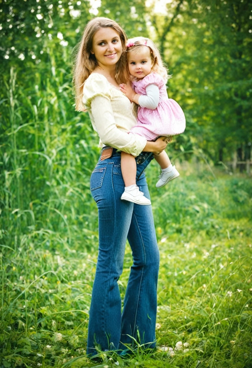 young mother with daughter in jeans with flounce in park,  19th century photo, deep focus, vintage film grain, color correction retro style, soft lighting,