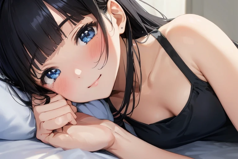 masterpiece、Highest quality、1 female、Very detailed　Black Hair、Blunt bangs　blue eyes、Detailed depiction of the eyes　smile、blush　Tank top　Face is close、Face close-up、Bring your face closer　Sheetに寝転がる、Lie down　Sheet