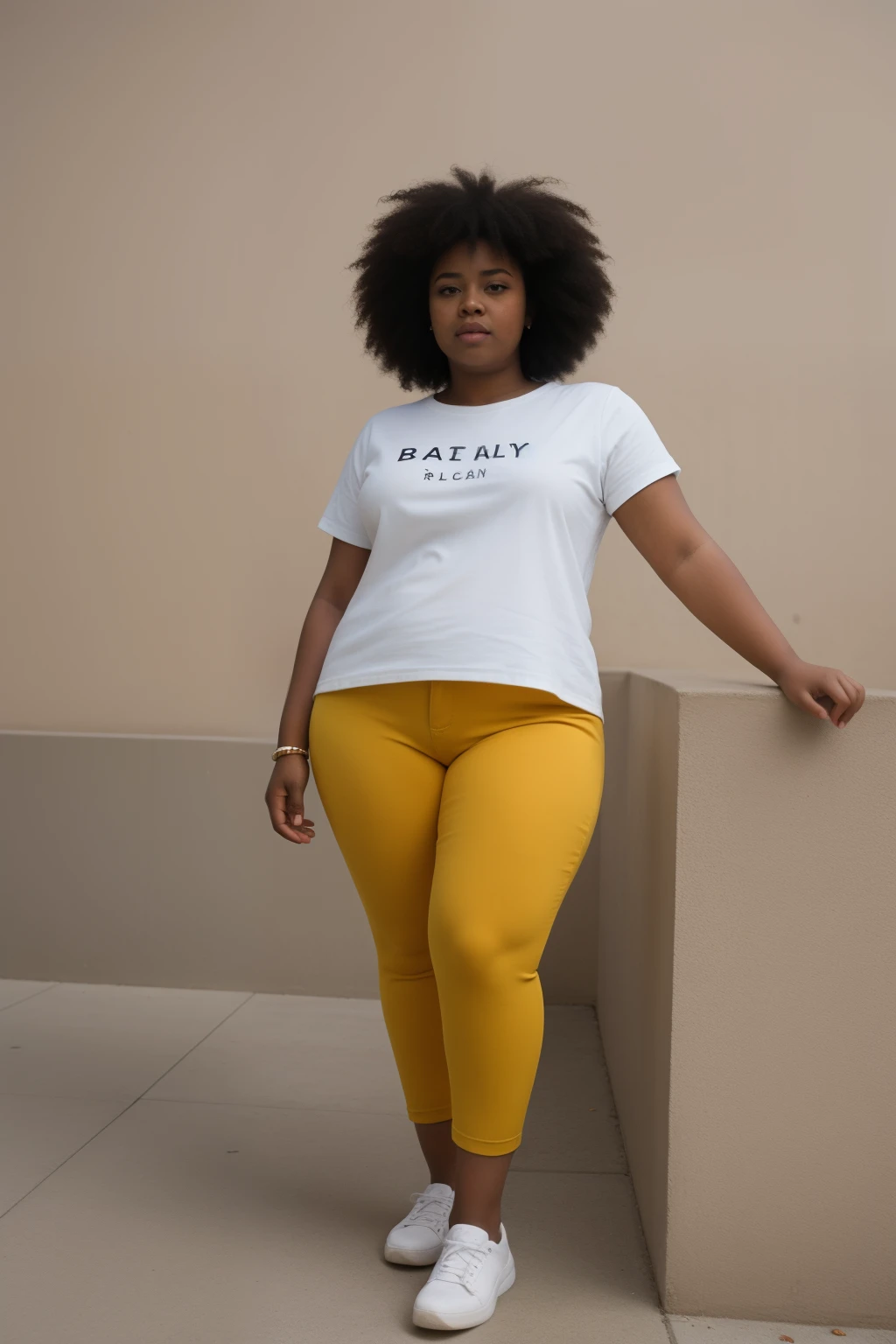 A woman with a big afro, realistic image of an obese black girl, wearing a white t-shirt and yellow pants, stands on the edge of a building