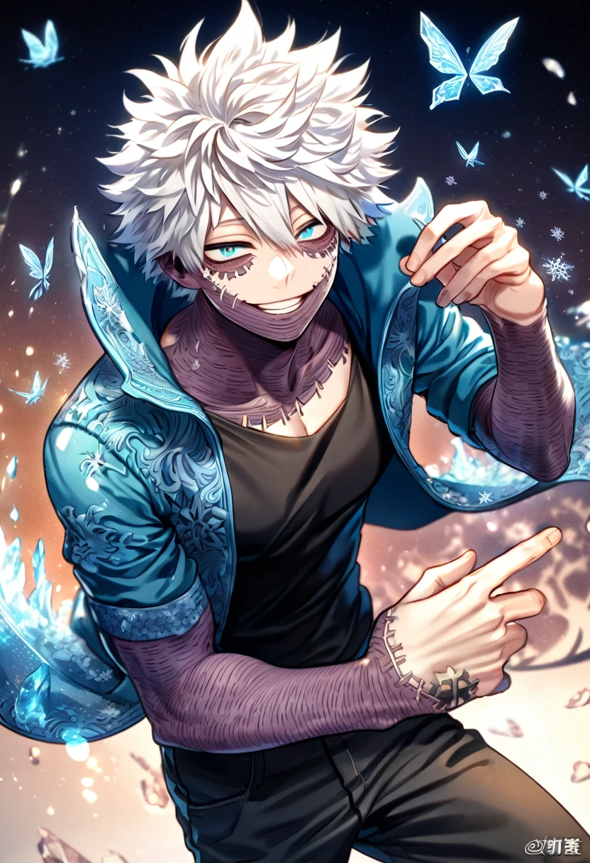 absurdres, highres, ultra detailed, HDR, master piece, best quality, extremely detailed face, delicated features, Dabi, white hair, expressive turquoise eyes, Boku No Hero Academia, sexy man, solo, handsome, smiling, blue jacket with fur, black shirt, black pants, fantasy, magical, ice, ice butterflies, snowflakes, starry night