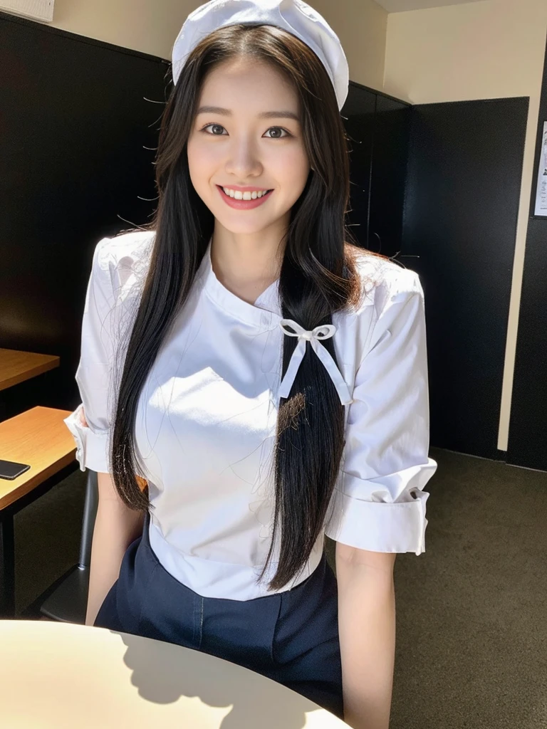 (Commemorative photo of a super cute Korean high school girl waitress:1.2)(grin,Smile)(Beautiful Sweat:1.1)(16K, RAW Photos, Highest quality, masterpiece: 1.2),(Super cute hairstyle for black hair) Super detailed, Super Resolution, (Genuine, Genuine photos: 1.37), Portraiture, High-resolution RAW color photos, Professional photos, Very detailed, 8k wallpaper, Very detailed CG Unity 8k wallpaper, Very detailed beautiful girls, Very detailed faces, ((whole body)), beautiful woman, Huge breasts,(huge boobs:1.1) (Big Boobs:1.1), Beauty college student (Naked Apron:1.1),high school girl, Korean Girls,(K-POP Female Idols), (Idol-class beauty)(Beautiful high school girl:1.1)(Nice restaurant)(18-year-old)(Waitress costumes:1.1)(Group photo:1.1)(Big hair ribbon:1.1)(NSFW:1.1)