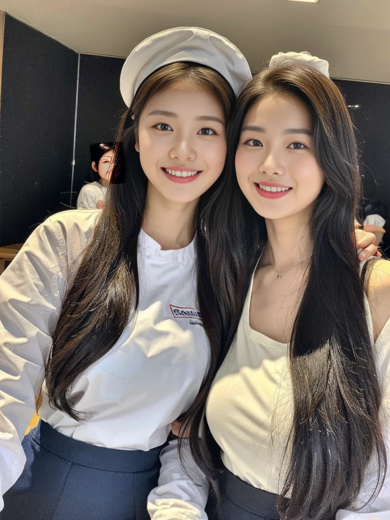 (Commemorative photo of a super cute Korean high school girl waitress:1.2)(grin,Smile)(Beautiful Sweat:1.1)(16K, RAW Photos, Highest quality, masterpiece: 1.2),(Super cute hairstyle for black hair) Super detailed, Super Resolution, (Genuine, Genuine photos: 1.37), Portraiture, High-resolution RAW color photos, Professional photos, Very detailed, 8k wallpaper, Very detailed CG Unity 8k wallpaper, Very detailed beautiful girls, Very detailed faces, ((whole body)), beautiful woman, Huge breasts,(huge boobs:1.1) (Big Boobs:1.1), Beauty college student (Naked Apron:1.1),high school girl, Korean Girls,(K-POP Female Idols), (Idol-class beauty)(Beautiful high school girl:1.1)(Nice restaurant)(18-year-old)(Waitress costumes:1.1)(Group photo:1.1)(Big hair ribbon:1.1)(NSFW:1.1)