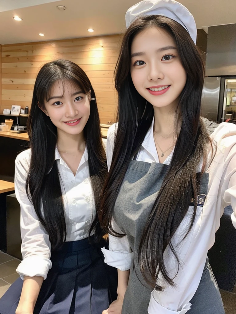 (Commemorative photo of a super cute Korean high school girl waitress:1.2)(grin,Smile)(Beautiful Sweat:1.1)(16K, RAW Photos, Highest quality, masterpiece: 1.2),(Super cute hairstyle for black hair) Super detailed, Super Resolution, (Genuine, Genuine photos: 1.37), Portraiture, High-resolution RAW color photos, Professional photos, Very detailed, 8k wallpaper, Very detailed CG Unity 8k wallpaper, Very detailed beautiful girls, Very detailed faces, ((whole body)), beautiful woman, Huge breasts,(huge boobs:1.1) (Big Boobs:1.1), Beauty college student (Naked Apron:1.1),high school girl, Korean Girls,(K-POP Female Idols), (Idol-class beauty)(Beautiful high school girl:1.1)(Nice restaurant)(18-year-old)(Waitress costumes:1.1)(Group photo:1.1)(Big hair ribbon:1.1)(NSFW:1.1)