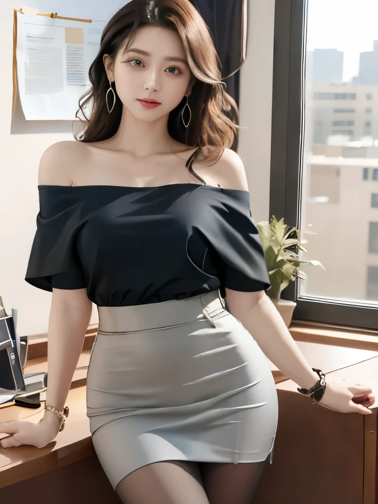 cowboy shot,(Best Quality, Masterpiece:1.4),Solo, PhotoRealistic,( Big Eyes,beautiful detailed eyes, symmetric eyes,), Long hair,Curly Hair,Earrings,Office Lady,Off Shoulder Blouse,,High Waist Black  Skirt,Slender Body,SunShine,Pantyhose,bracelets,office, indoors,