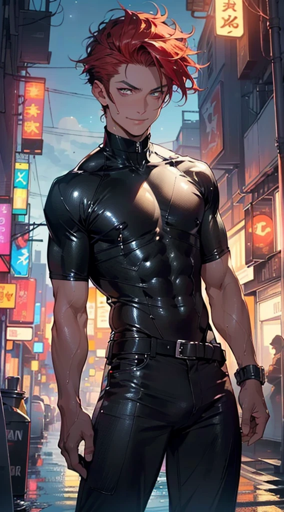 man:1.5,1 man,thief man,(((1man))),((man with stylish short hair)),

(((1male,man:1.5,handsome man,male,male gender:1.5,male focus))),macho man,

((short red hair,detailed hair,highly detailed hair,red hair,dyed interior hair,colored inner hair)),(((lustrous skin:1.5,tanned skin,bright skin: 1.5,skin tanned,shiny skin,very shiny skin,shiny body,illuminated skin))),(((orange_eyes:1.2))),intricate eyes,beautiful detailed eyes,symmetrical eyes,((man chest)),handsome face,((muscular)),(((detailed face))),

alluring look,nsfw,

(((bare chest))),elegant white pants,((bulge in pants)),((elegant thief outfit)),(wearing a elegant thief outfit:1.3,thief clothes),((wet clothes,intricate outfit,intricate clothes)),

(dynamic pose:1.0),solo focus,((evil smile,evil look)),(centered,scale to fit dimensions,Rule of thirds),

cyberpunk city by the ocean at night, with bright neon signs and dark stormy clouds and puddles, scenery:1.25,nighttime, starry night, cosmos,Very dark night that makes the neon lights stand out, very bright neon lights,nighttime, starry night, cosmos,

highres, sharp focus, (ultra detailed, extremely detailed), (photorealistic artwork:1.37),(extremely detailed CG unity 8k wallpaper),((synthwave background theme)),(((vibrant colors))),(intricate background),(masterpiece),(best quality),