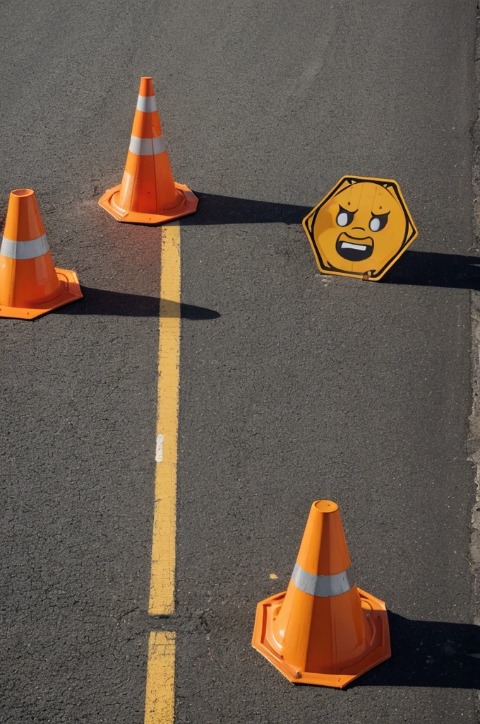 Orange safety cone, with message "No passing" and an angry emoji face