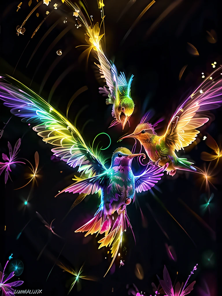 This stunning macro photo captures brilliantly colored Hummingbirds in colorful flight illuminated by gorgeous volumetric lighting