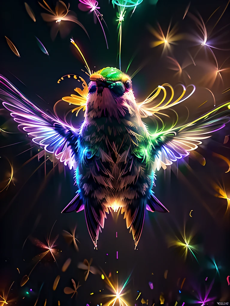 This stunning macro photo captures brilliantly colored Hummingbirds in colorful flight illuminated by gorgeous volumetric lighting
