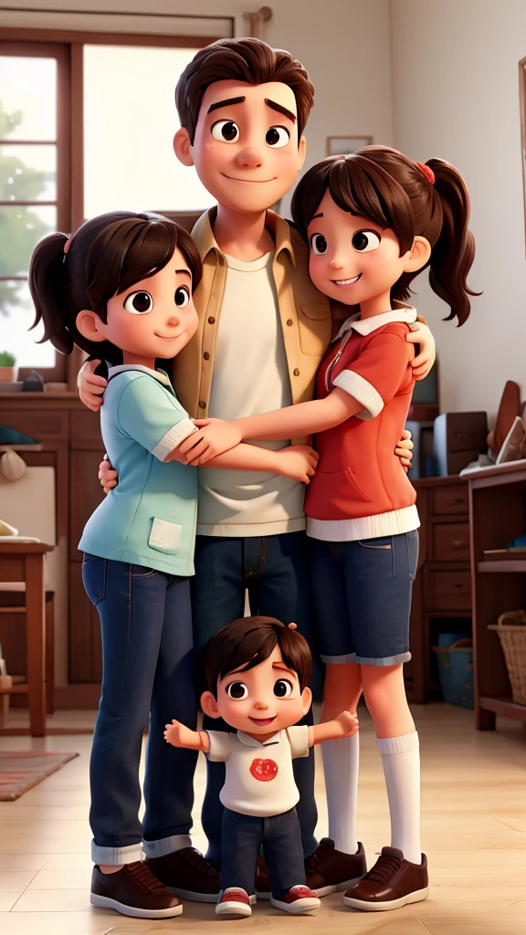 Happy family with 2 kids hugging each other